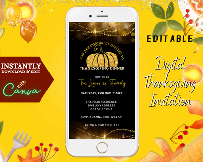 Golden Pumpkin Sparkle | Thanksgiving Dinner Evite featuring editable text on a customizable digital invitation displayed on a white cell phone.