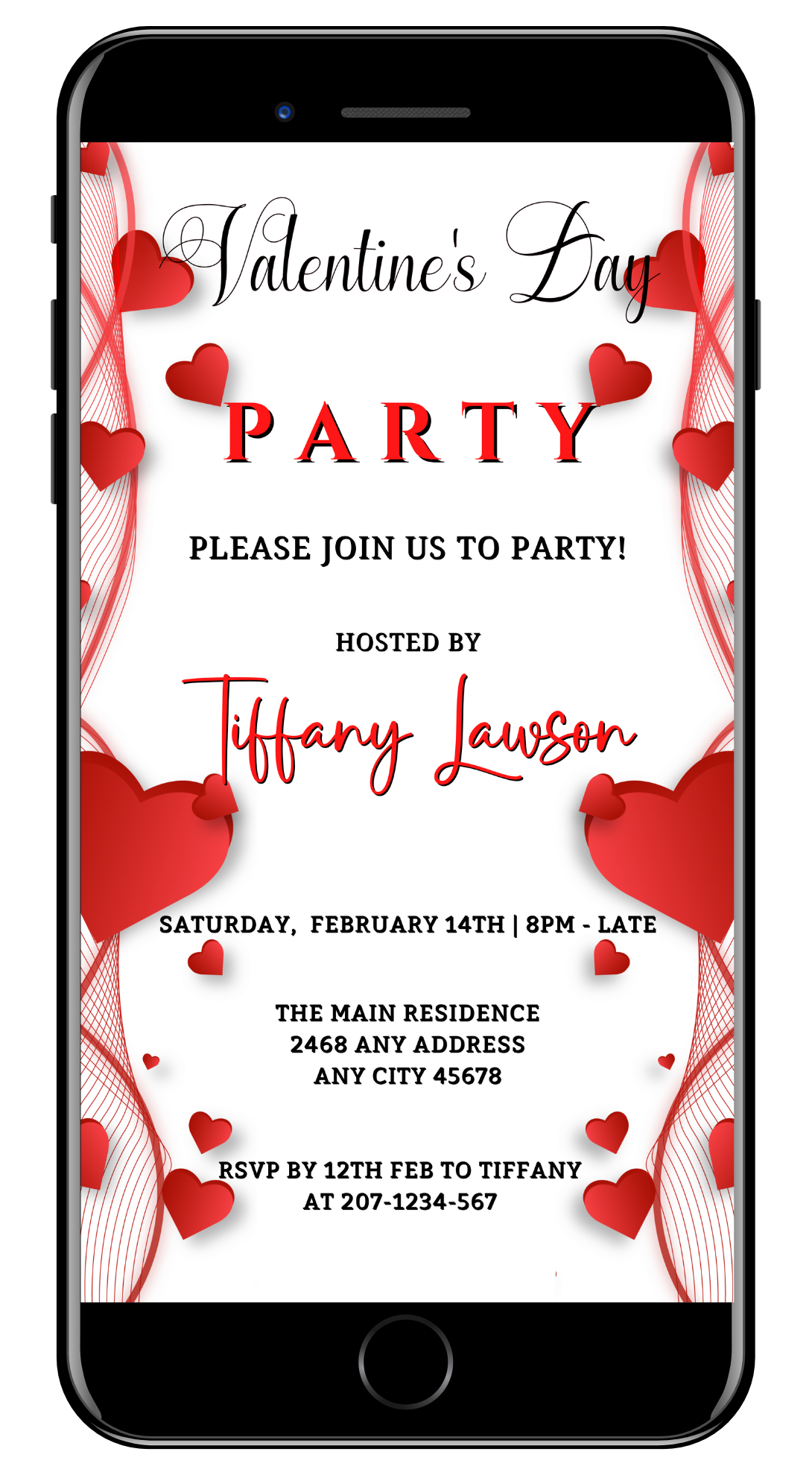 Editable digital invitation featuring red hearts on a white background, customizable for Valentine's Day events via Canva on smartphones.