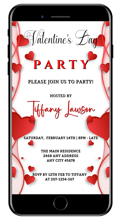 Editable digital invitation featuring red hearts on a white background, customizable for Valentine's Day events via Canva on smartphones.