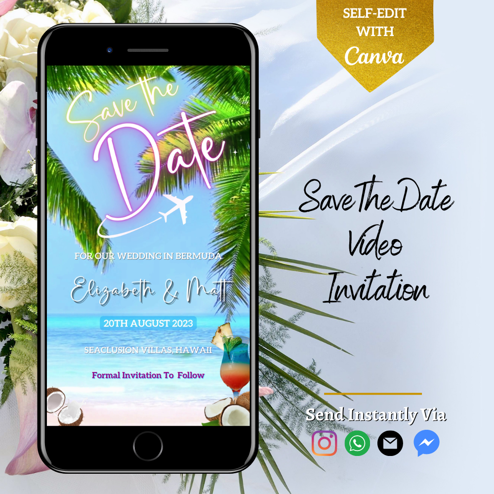 Cell phone displaying a customizable digital save-the-date video invitation featuring a beach and palm trees for events, editable via Canva.