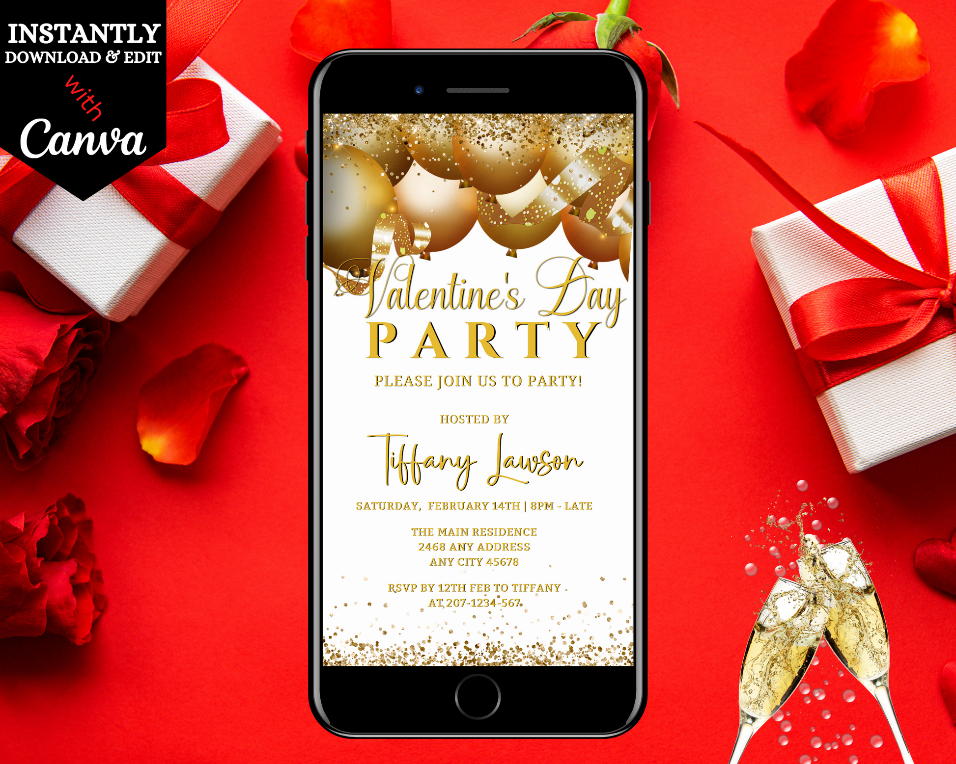 Editable Digital White Gold Glitter Balloons Valentines Party Evite displayed on a smartphone screen with festive elements like champagne glasses and a gift box nearby.