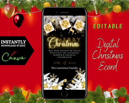 Neon White Gold Merry Christmas Ecard displayed on a smartphone with festive decorations, customizable via Canva for digital sharing.