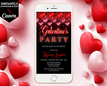 White cell phone displaying a customizable digital invitation template with red and white floating heart balloons for a Galentines party.
