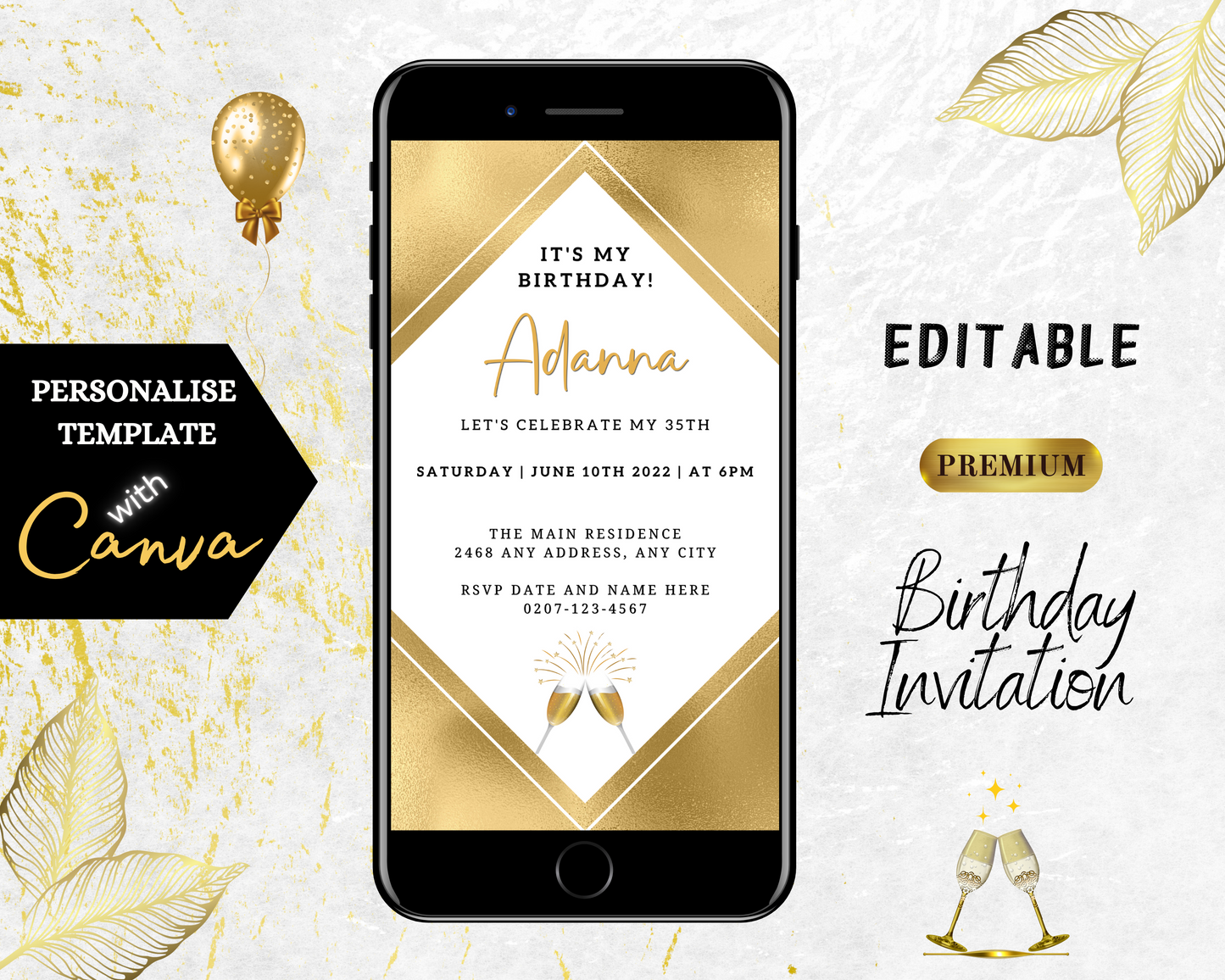 Gold and white smartphone displaying a customizable digital birthday party invitation template with champagne theme elements.