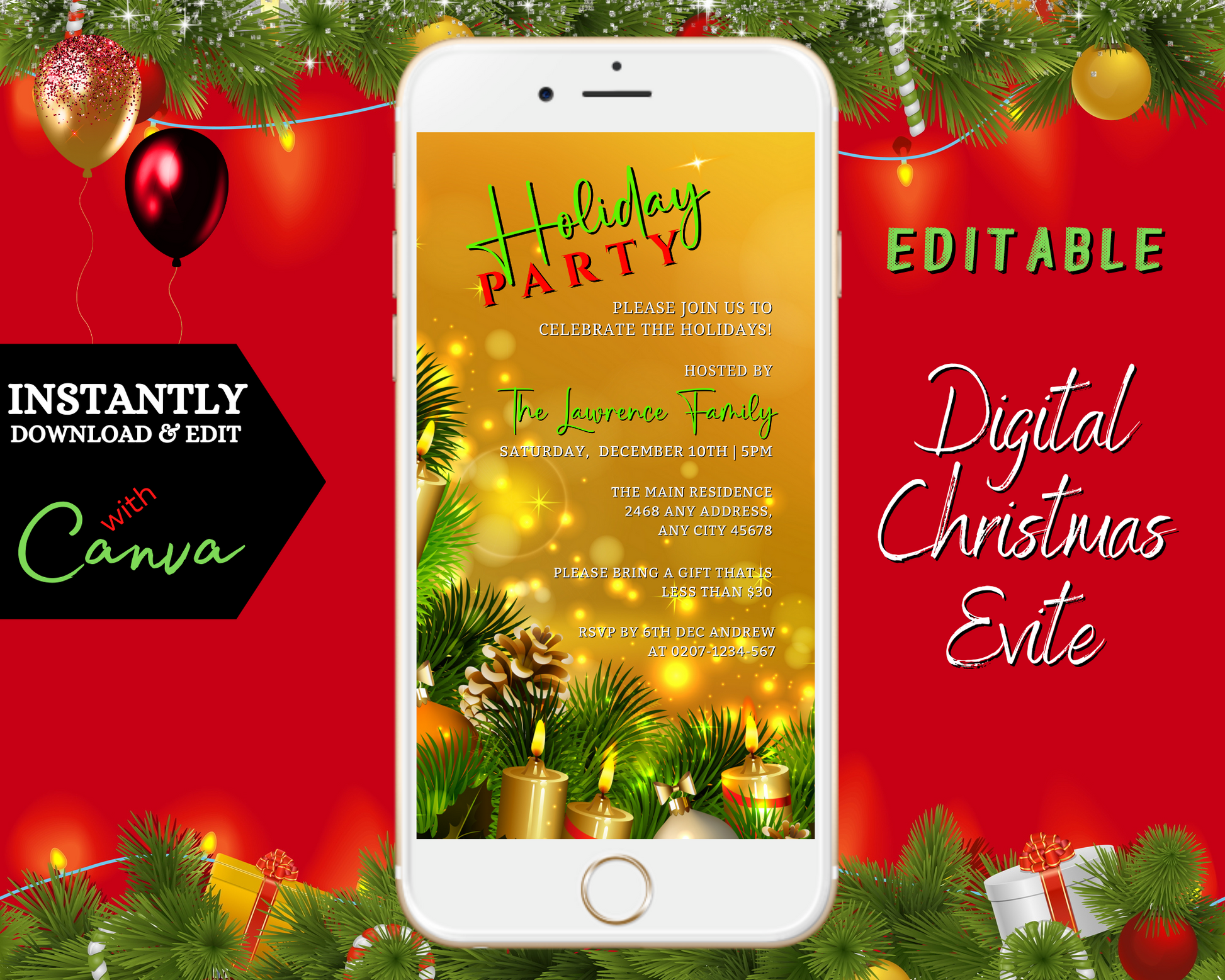 White smartphone displaying a customizable Gold Candles Ornaments Christmas Party Evite, editable via Canva for easy personalization and digital sharing.