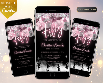 Customisable Mauve Pink Silver Neon 50AF Birthday Evite displayed on multiple smartphones with various editable text and image options visible.