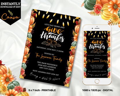Phone displaying Colourful Lit Leaves Pumpkins Black Thanksgiving Evite next to a printed invitation with pumpkins and lights.