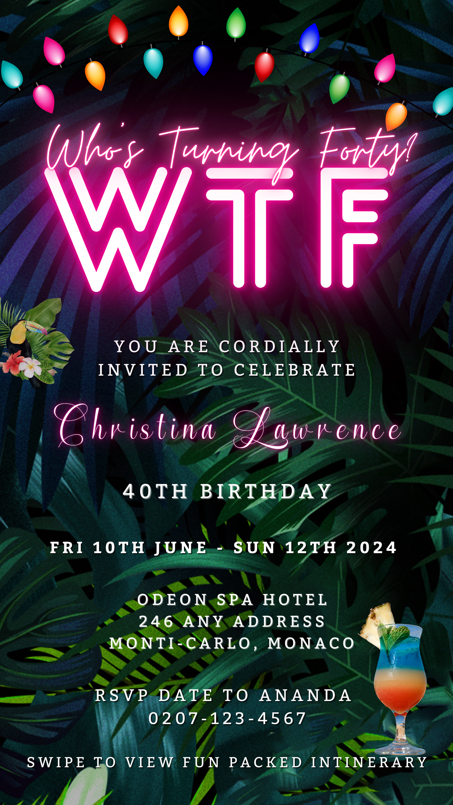 Tropical Destination Neon Pink | Who's Turning Forty Weekend Evite, featuring a customizable neon pink sign with tropical leaves, ideal for electronic invitations via Canva.