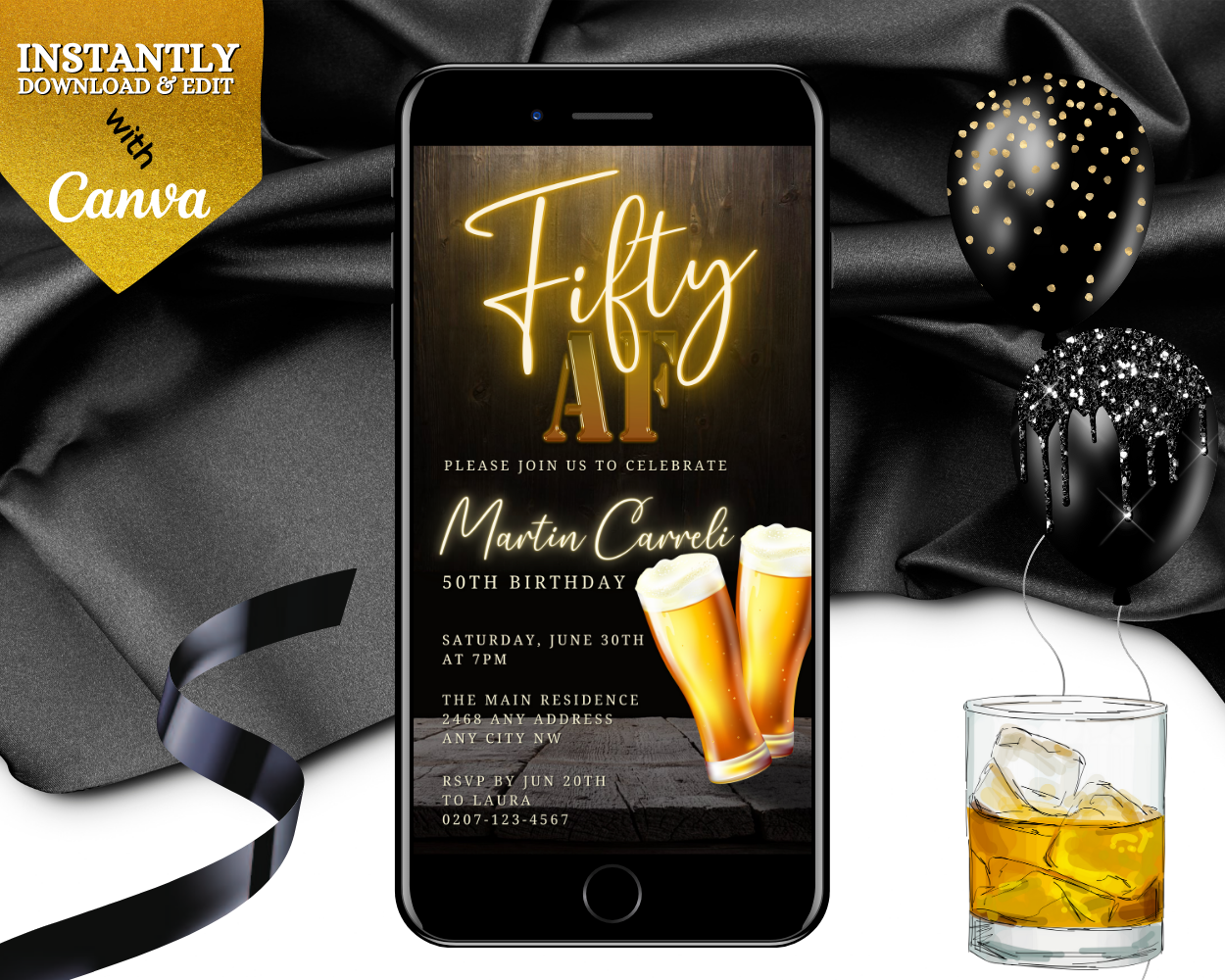 Customizable Black Gold Neon Beer Birthday Evite displayed on a smartphone next to drinks and balloons, ready for personalizing and sharing digitally.