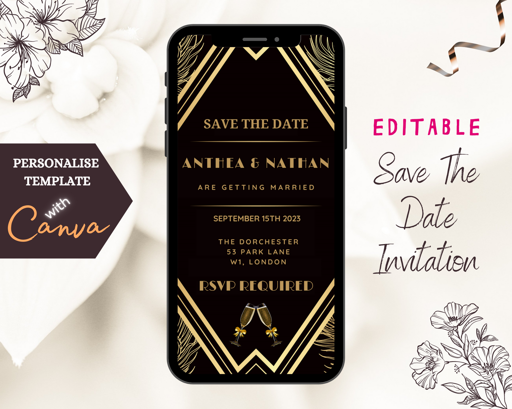 Gatsby Art Deco Save The Date Evite displayed on a smartphone, featuring black and gold design elements and editable text for personalizing invitations.