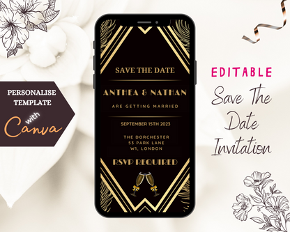 Gatsby Art Deco Save The Date Evite displayed on a smartphone, featuring black and gold design elements and editable text for personalizing invitations.
