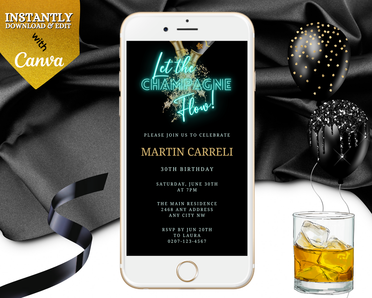 Customizable Teal Black Champagne Birthday Party Evite displayed on a smartphone, alongside celebratory elements like drinks and balloons.