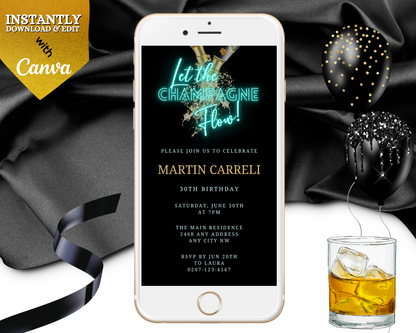 Customizable Teal Black Champagne Birthday Party Evite displayed on a smartphone, alongside celebratory elements like drinks and balloons.