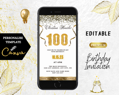 Customizable digital invitation for a 100th Birthday with white gold confetti design, shown on a smartphone screen with editable text and elements via Canva.