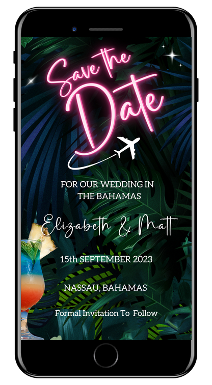 Neon Pink Destination Save The Date Evite displayed on a smartphone screen with a close-up of a drink and a pink neon sign.
