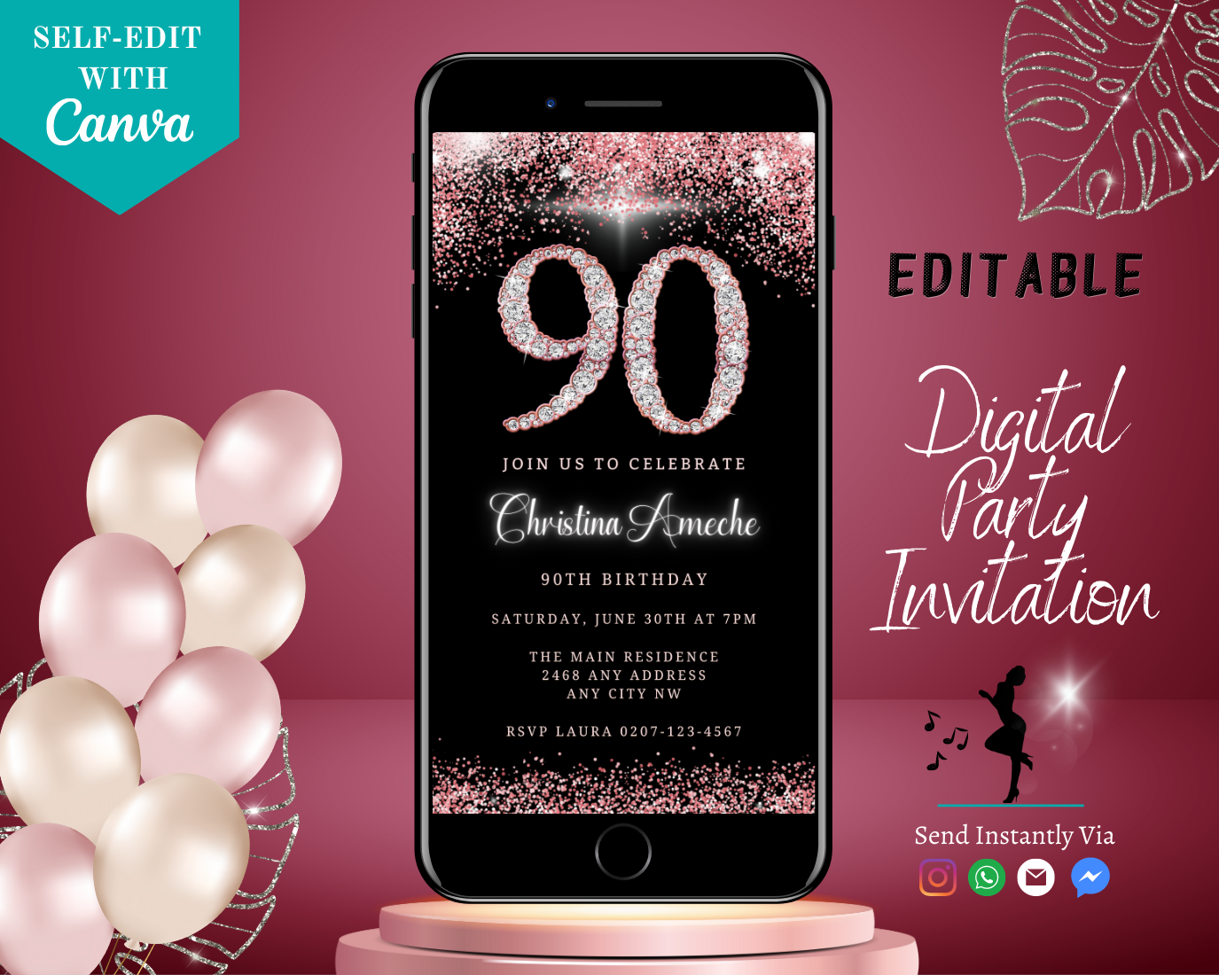 Rose Gold Diamond Glitter 90th Birthday Evite displayed on a smartphone screen with customizable text, perfect for personalizing and sharing electronically via Canva.
