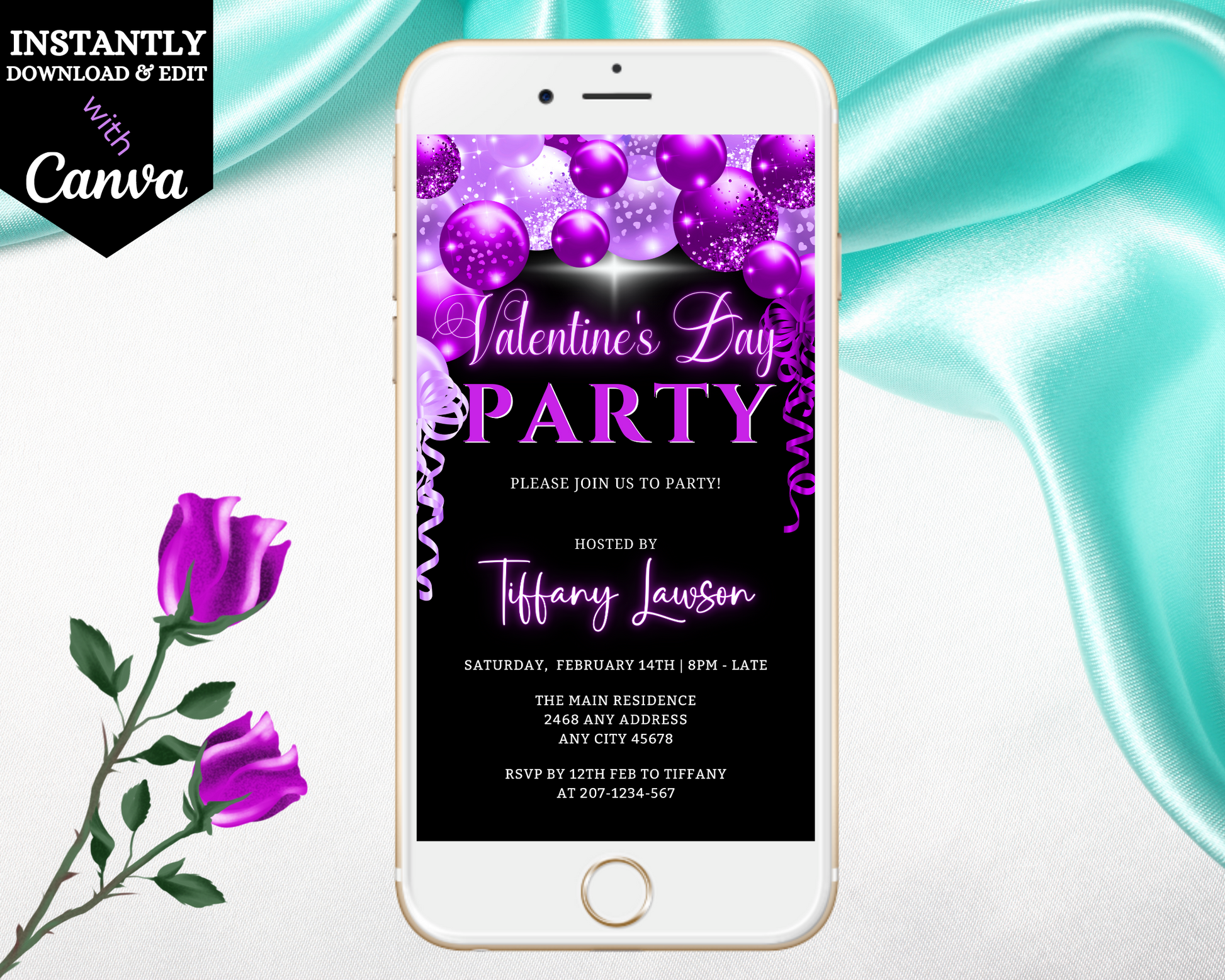 Neon Purple Balloons Valentines Party Evite featuring editable text and purple floral accents on a smartphone screen. Ideal for digital invitations.