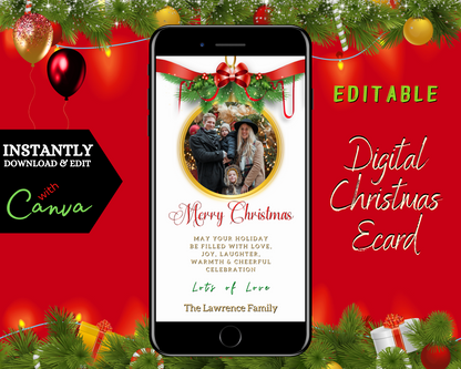 Digital Christmas eCard template featuring a family photo on a smartphone, customizable via Canva, titled White Oval Bold Red W/Photo Frame | Merry Christmas.