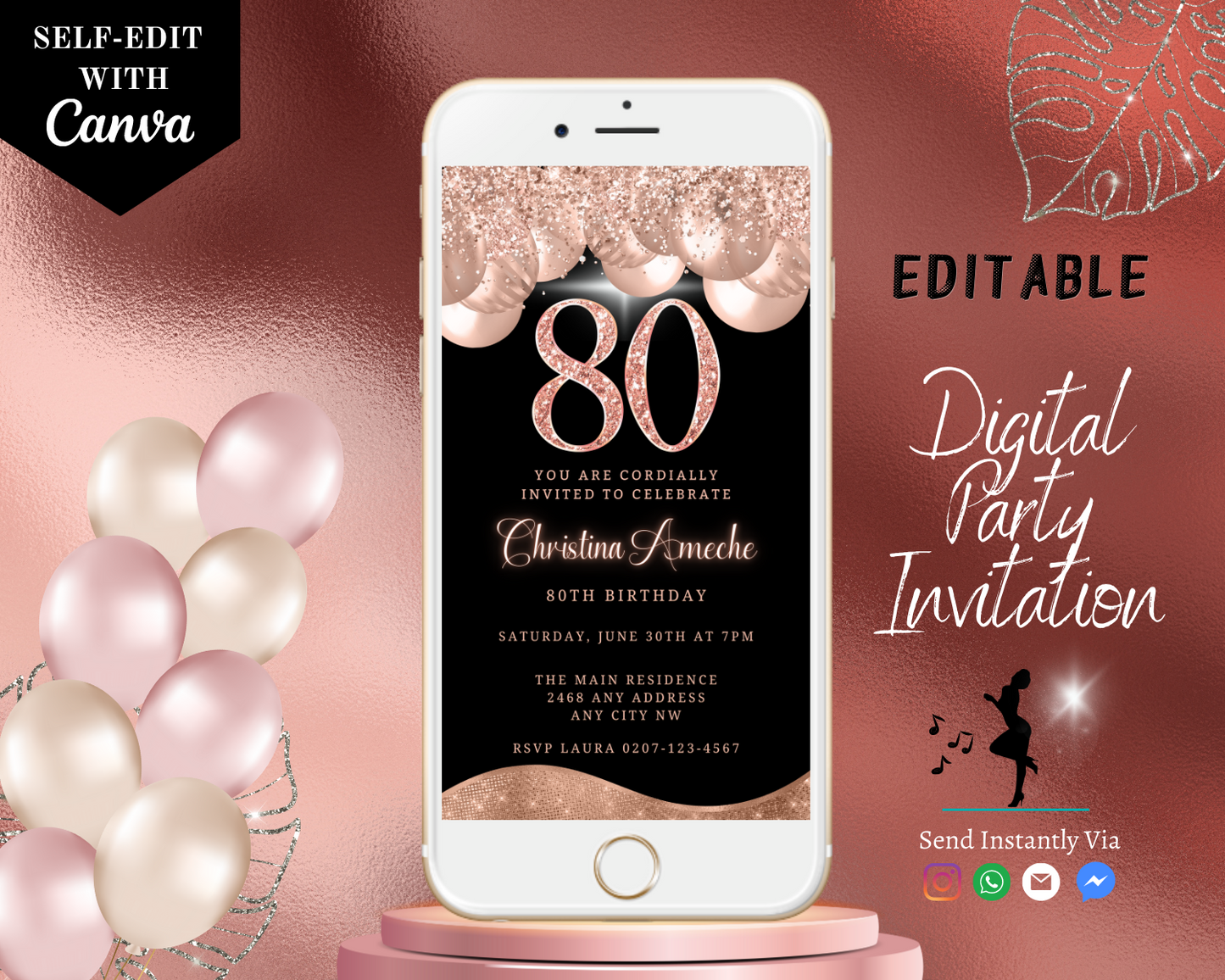 Customizable Digital Rose Gold Balloons Glitter 80th Birthday Evite displayed on a smartphone screen, ready for personalization using Canva.