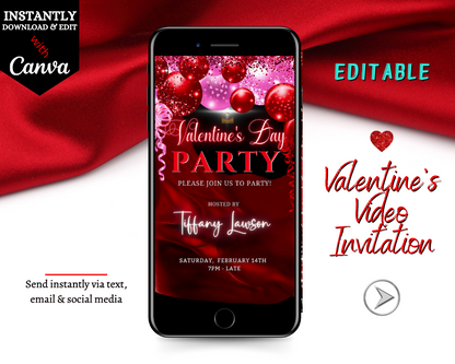 Smartphone showing editable digital invitation template for Pink Red Silk Neon Balloons | Valentines Party Invite on a red background.