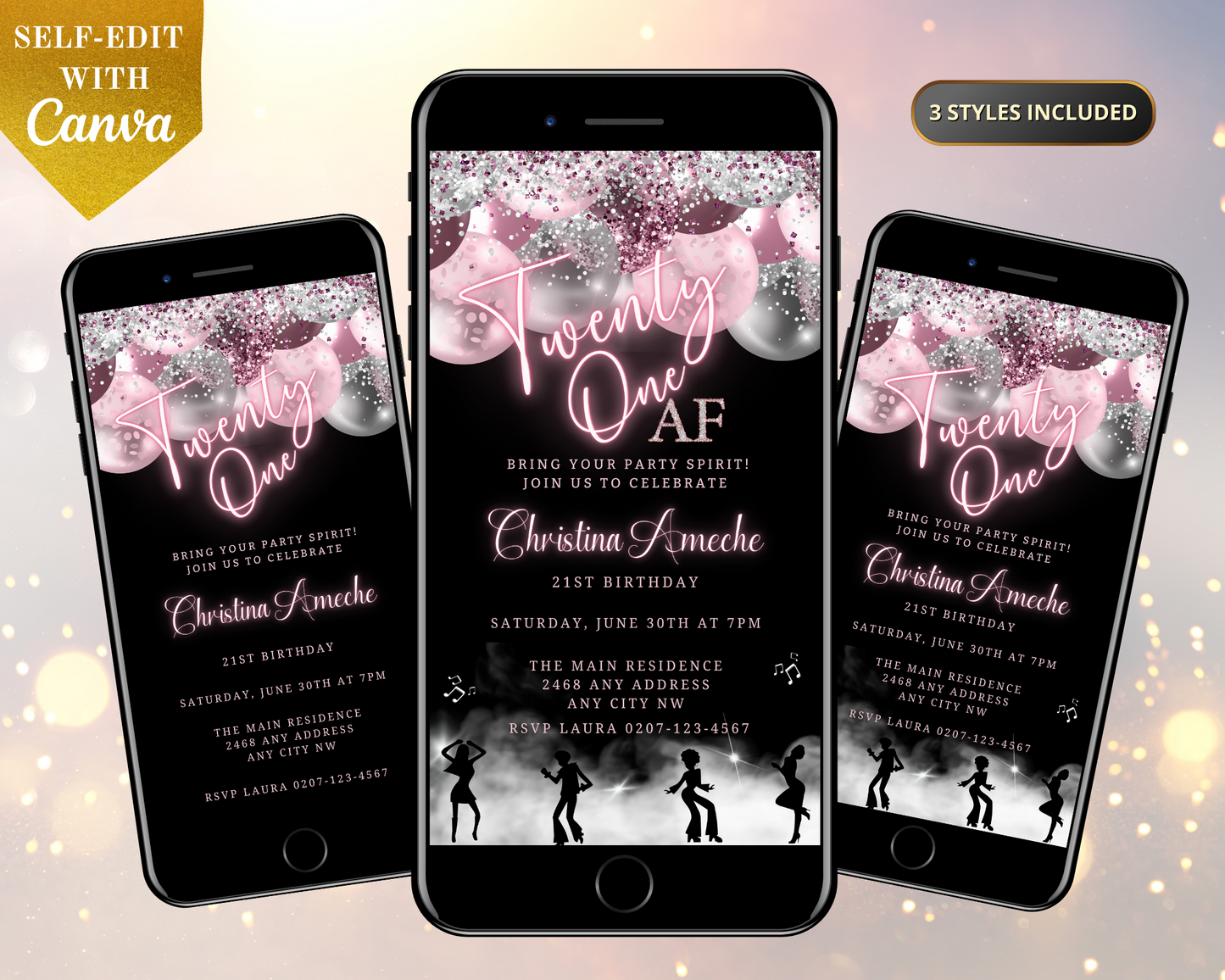 Customizable Mauve Pink Silver Neon 21AF Birthday Evite displayed on smartphones, featuring editable text and design elements for personalizing your event invitation.