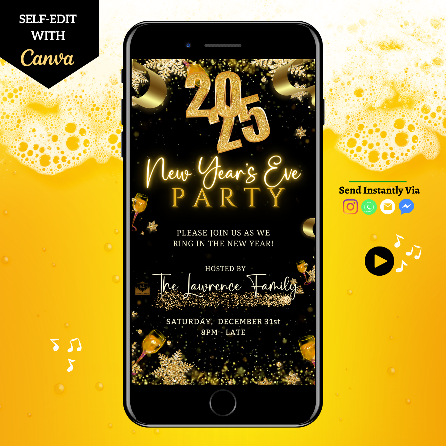 New Year’s Eve Party Sparkling Animated Video Invitation displayed on a smartphone screen, featuring customizable golden text and festive elements for digital celebrations.