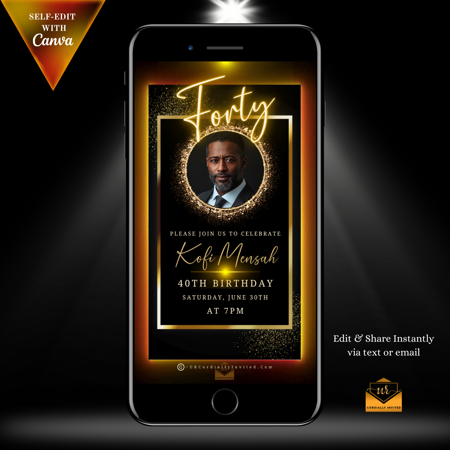 Elegant Animated Men’s 40th Birthday Video Invitation with Oval Photo Frame displayed on a smartphone, featuring customizable digital design for personalized event invitations.