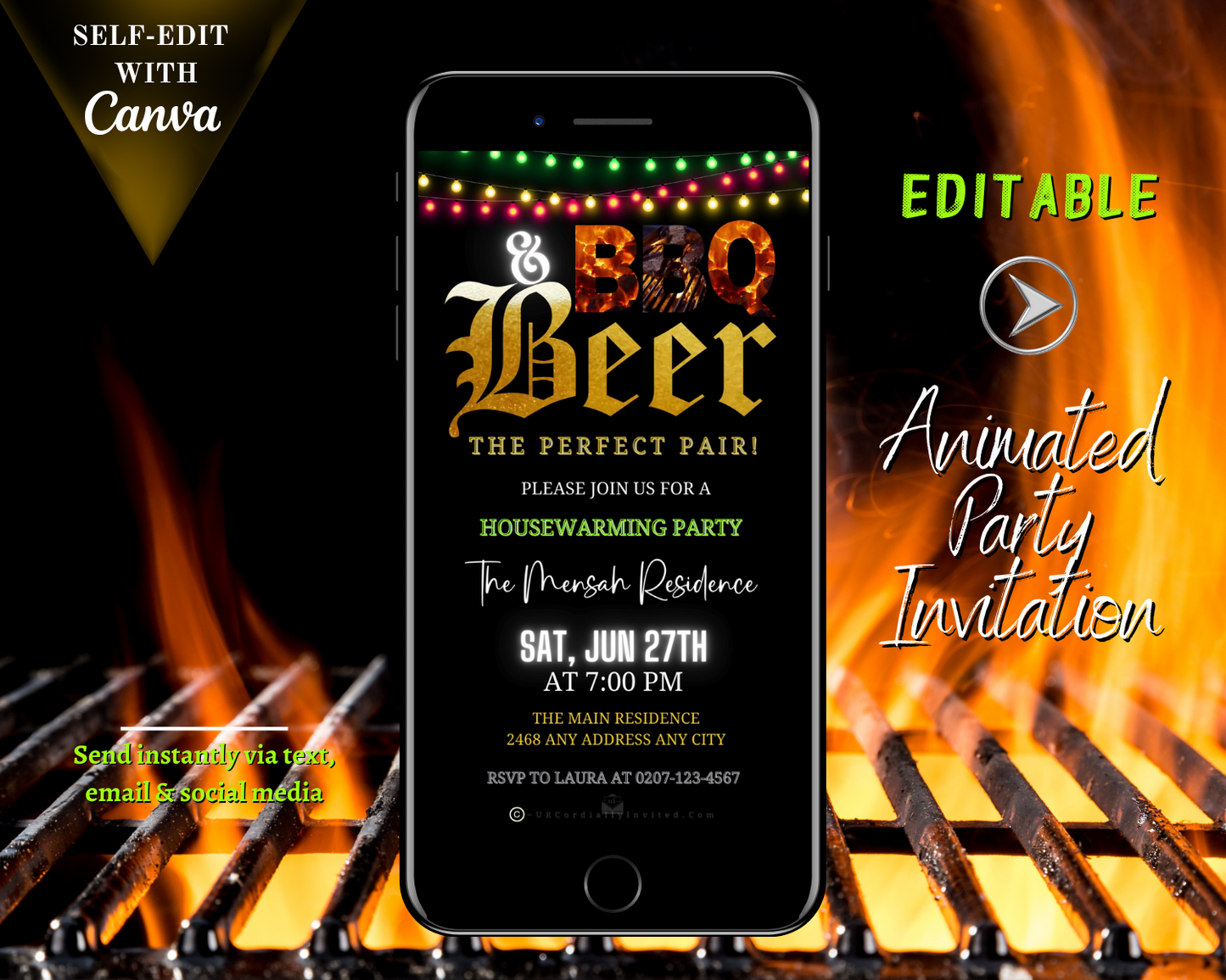 BBQ Flame & Beer Digital Video Party Invite displayed on a smartphone screen, showcasing customizable text and images for event details.