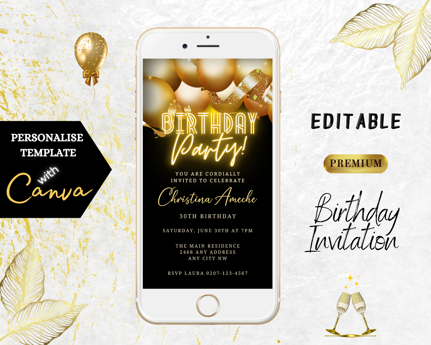 Customizable Gold Neon Balloons Birthday Party Evite displayed on a smartphone, showcasing editable digital invitation template for personalizing event details via Canva.