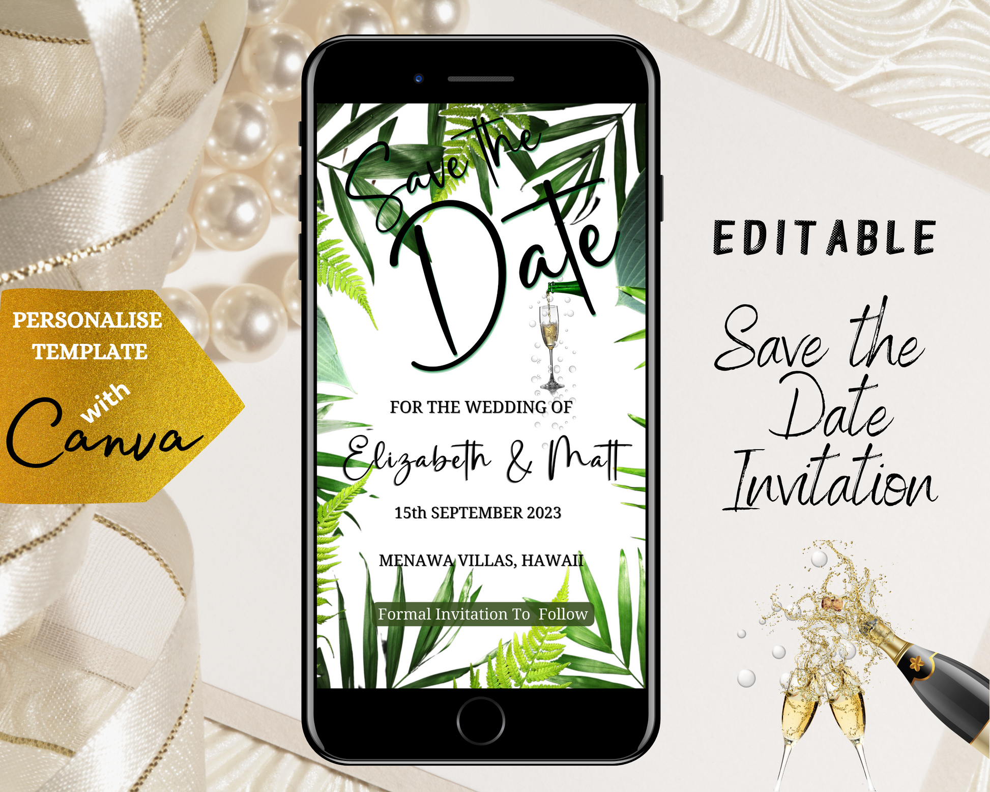 White Tropical Destination Save The Date Wedding Evite displayed on a smartphone, featuring a green leaf design and an editable invitation template.