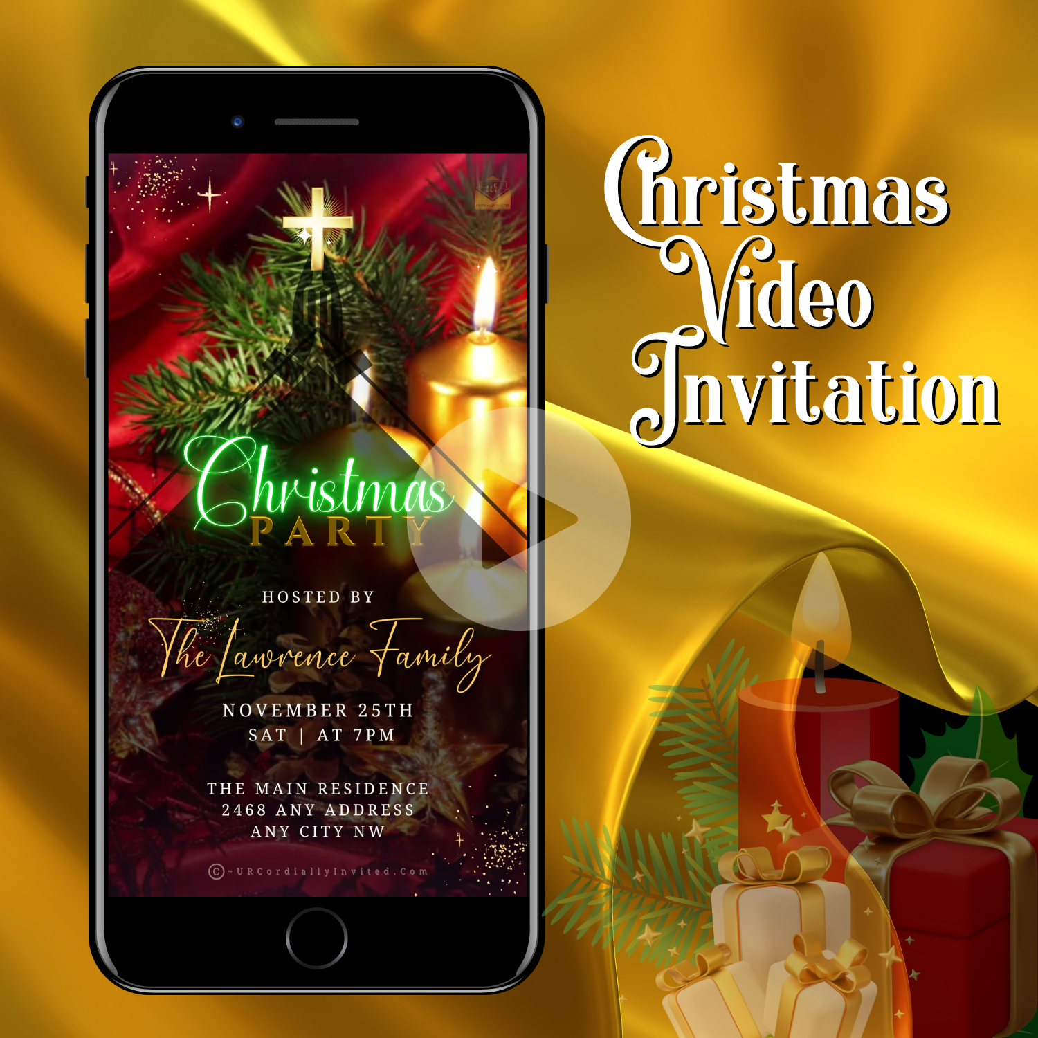 Religious Christmas Party Video Invitation displayed on a phone screen, showcasing a festive design with candles and greenery, ideal for faith-centered celebrations.