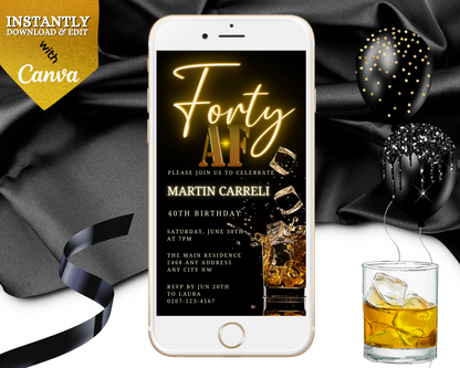 Black Gold Neon Cube Splash | 40AF Birthday Evite displayed on a smartphone, featuring a glass of whiskey, black and gold invitation elements, and customizable text.