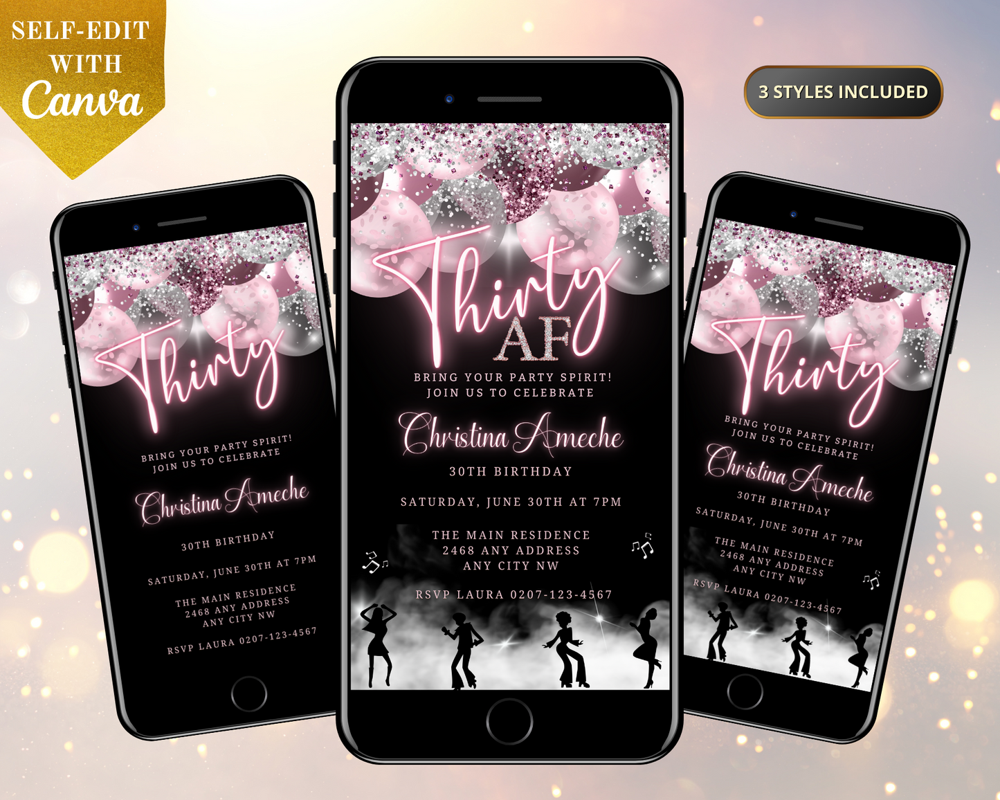 Group of smartphones displaying a customizable Mauve Pink Silver Neon 30AF Birthday Evite template for easy editing and electronic sharing via Canva.