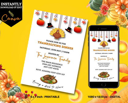 Phone displaying editable digital invitation with cartoon turkey and pumpkins for Thanksgiving, alongside printed version. Turkey Pumpkin Decor | Thanksgiving Dinner Evite.