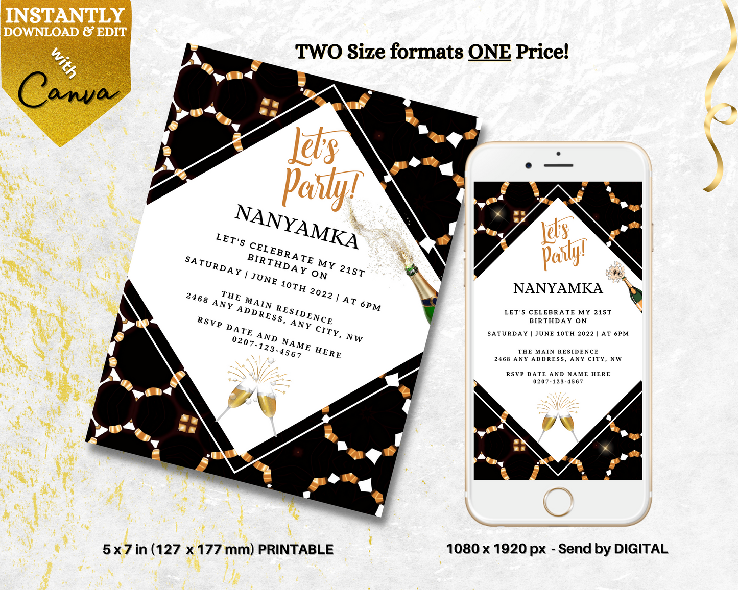 White Beige Gold African Ankara Editable Party Evite displayed on a smartphone next to a printable invitation template with gold and black text.
