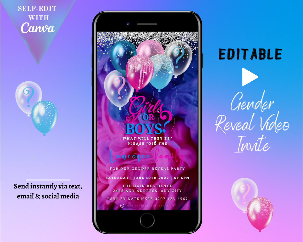 Twins Balloon Blue Pink Ink Confetti Digital Gender Reveal Invite displayed on a smartphone screen, customizable with Canva for easy, instant download and sharing.