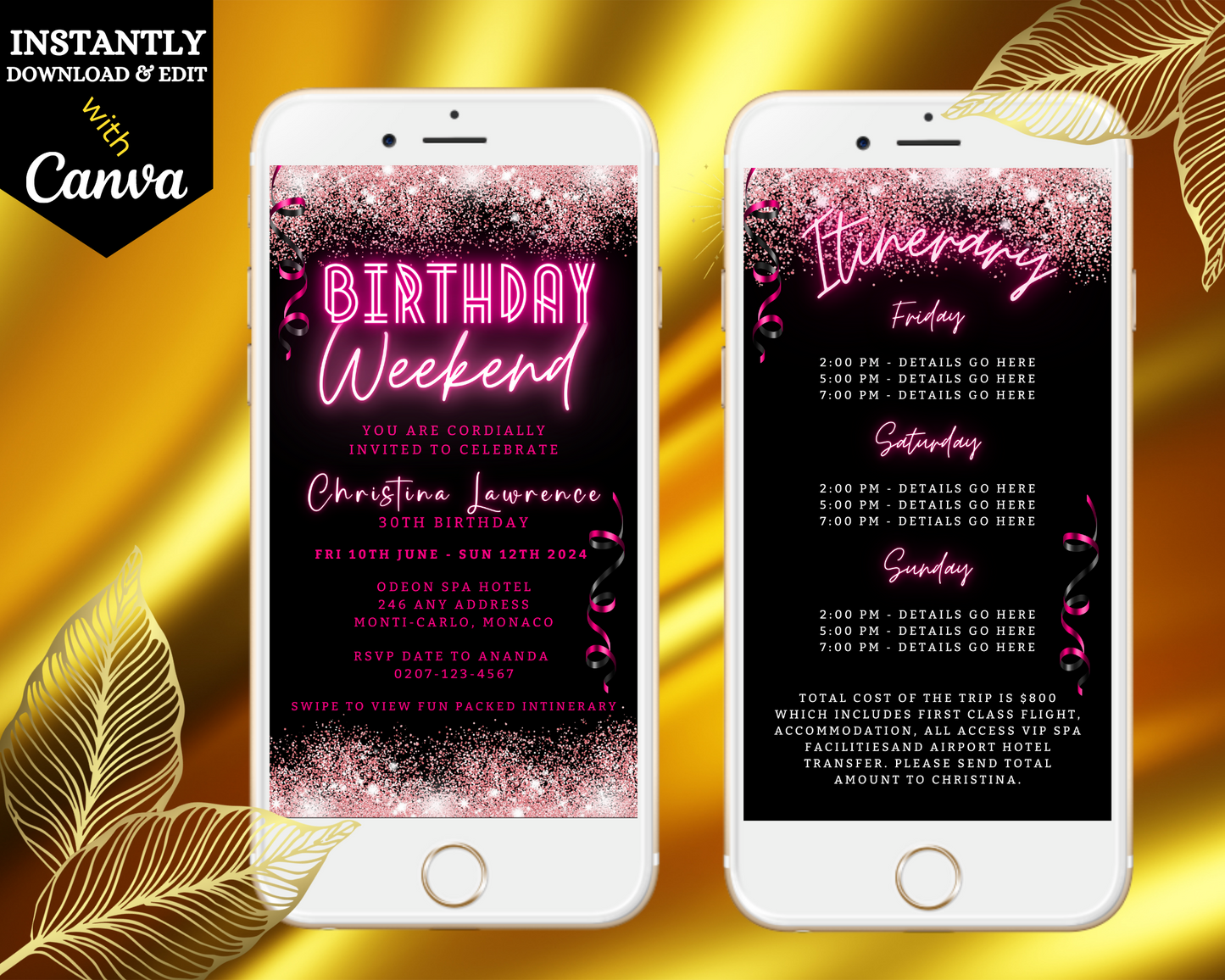 Neon Pink Glitter Confetti Weekend Party Evite displayed on smartphones, showcasing customizable event details with editable text via Canva. Download and share electronically.