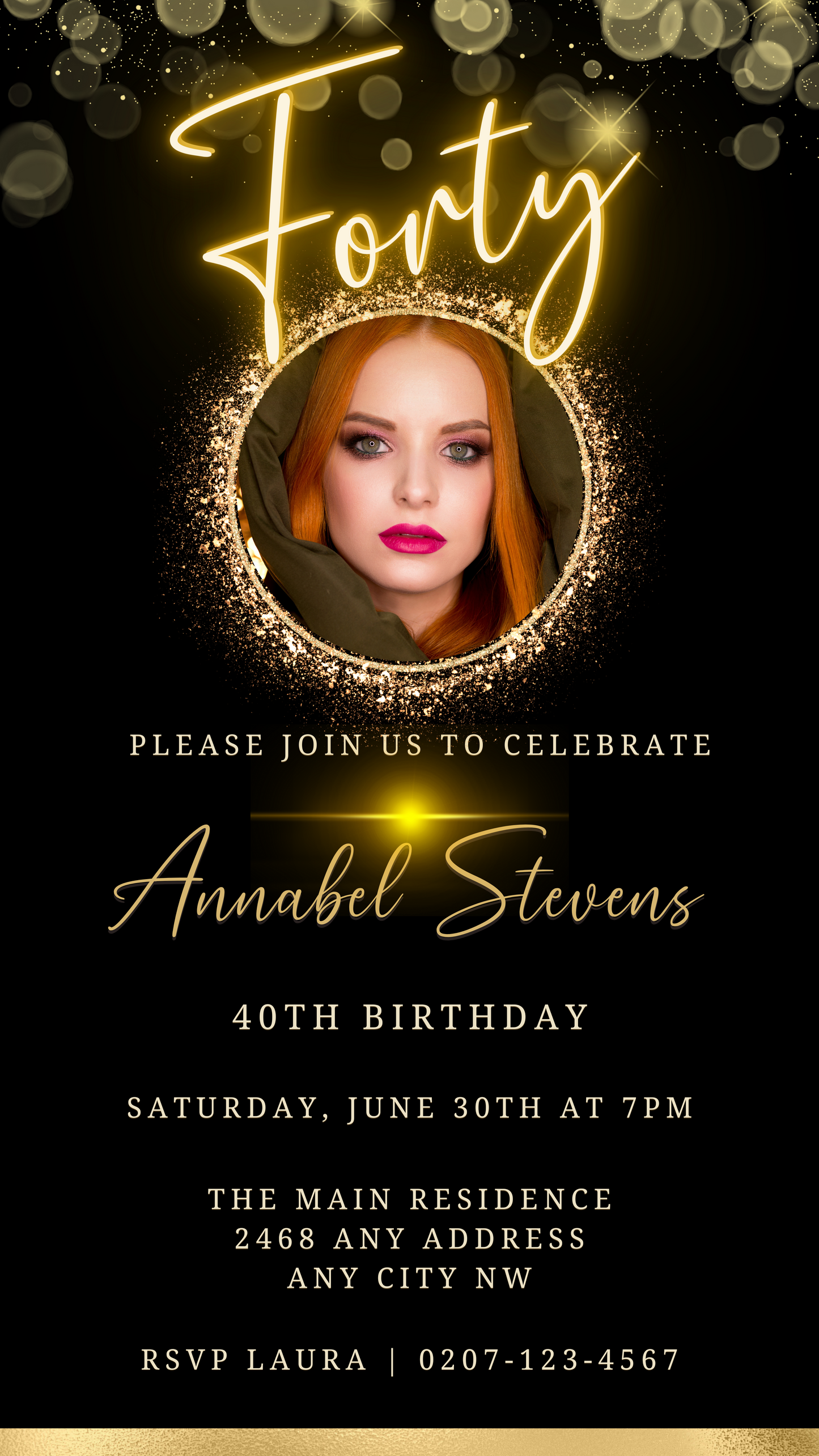 Oval Gold Photo Frame Neon 40th Birthday Evite featuring a woman with red hair and pink lipstick, customizable via Canva for digital invitations.