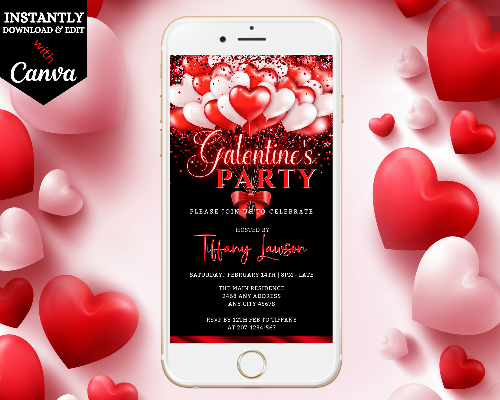 Neon Red White Hearty Balloons Galentines Party Evite displayed on a white smartphone surrounded by red and white hearts.