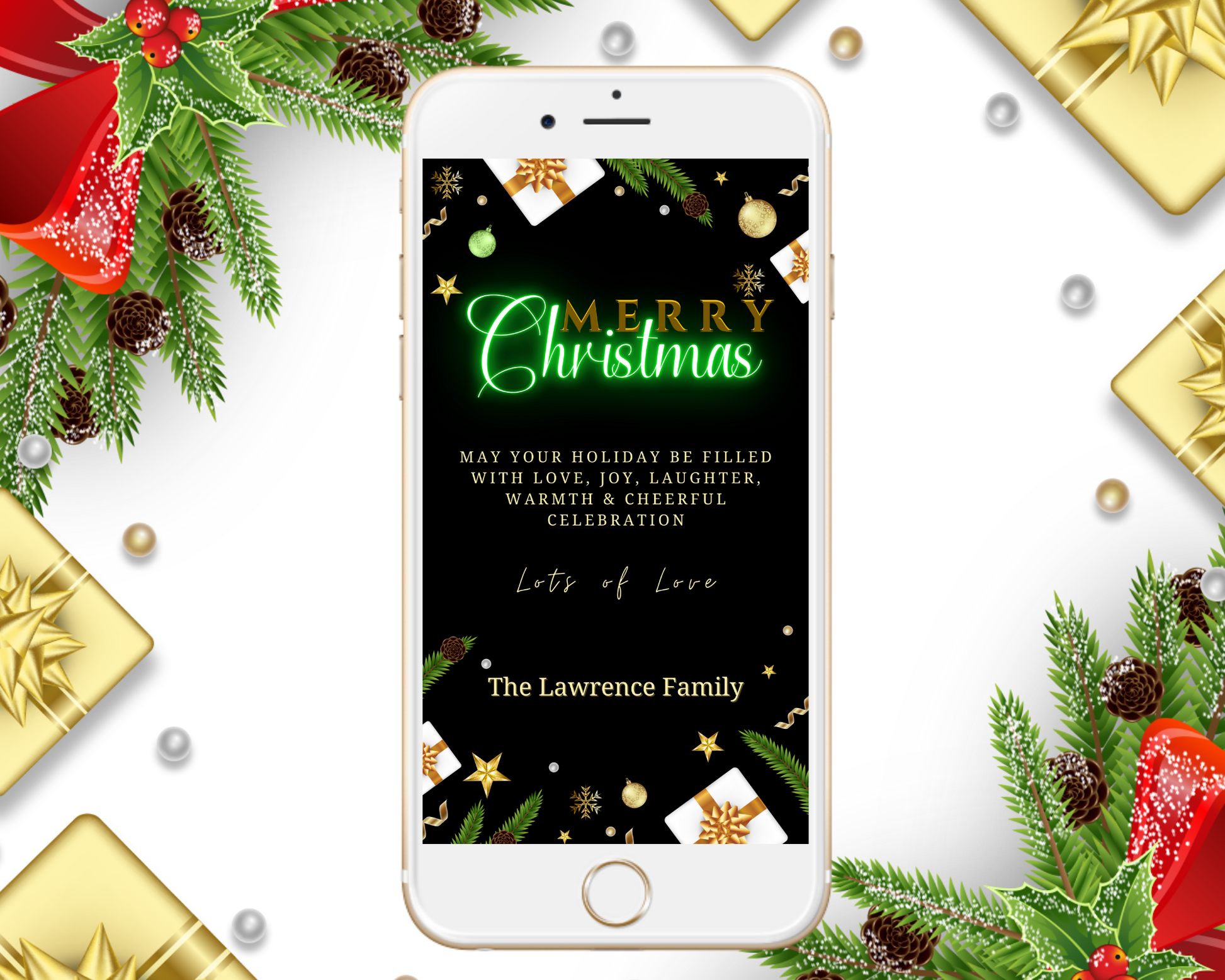 Green Neon Ornaments & Presents Merry Christmas Ecard on a smartphone screen with festive text and decorations.