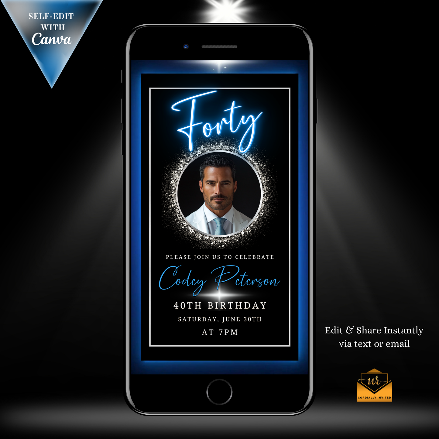 Smartphone displaying Blue & Silver 40th Birthday Video Invitation with an oval photo frame featuring a man in a white suit and blue tie.