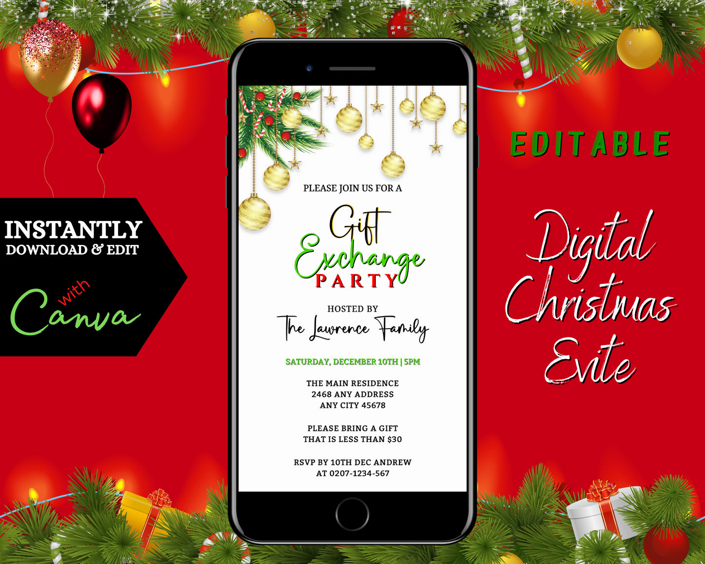 Editable Digital White Gold Red Ornaments | Christmas Party Evite displayed on a smartphone screen with text, showcasing a customizable invitation template for easy personalization and electronic sharing.