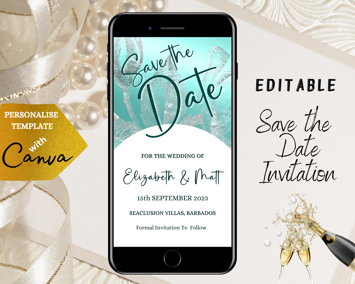 Cell phone displaying a Save the Date message on a customizable digital teal, white, and silver flowers evite for smartphones from URCordiallyInvited.