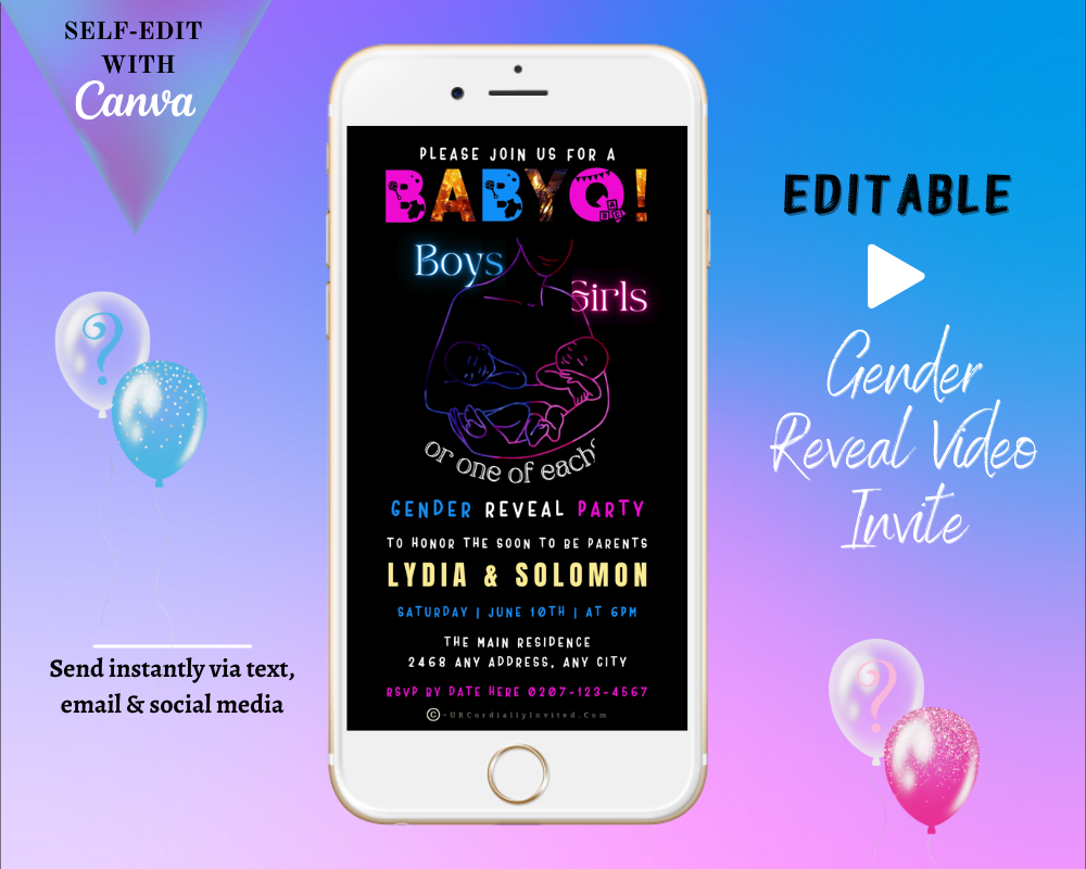 White cell phone displaying a customizable Animated Twins BABYQ Grill | Digital Gender Reveal Invite, ready for personalization using Canva.