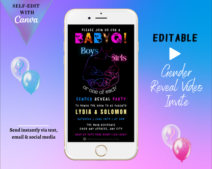 White cell phone displaying a customizable Animated Twins BABYQ Grill | Digital Gender Reveal Invite, ready for personalization using Canva.