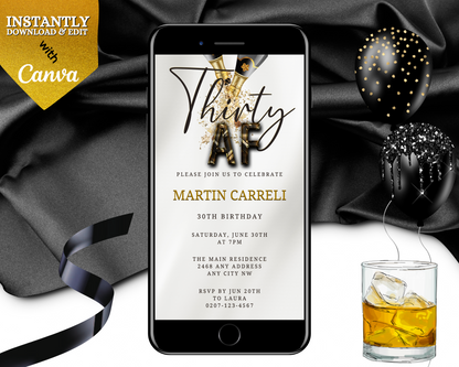 A customizable digital invitation for a White Gold Champagne | Thirty AF Party displayed on a smartphone, accompanied by a drink and balloons.