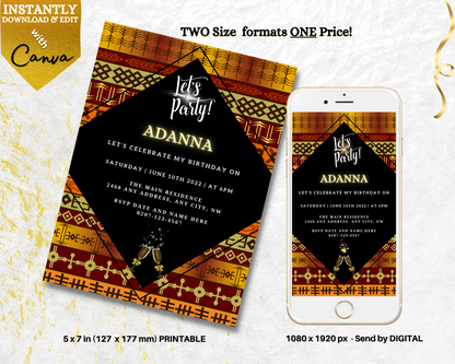 Gold Yellow African Ankara Editable Party Evite displayed on a smartphone with an invitation template, ready for customization via the Canva app.