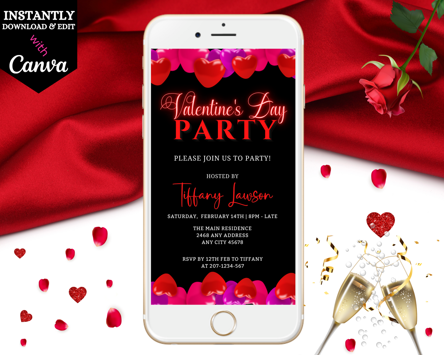 Smartphone displaying the Black Pink Red Hearts Valentines Party Evite template with red roses and confetti, ready for customization and digital sharing.