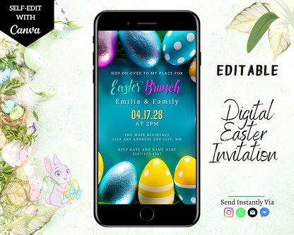 A digital invitation template featuring teal Easter eggs, flowers, and a bunny, designed for easy customization and electronic sharing via mobile devices.