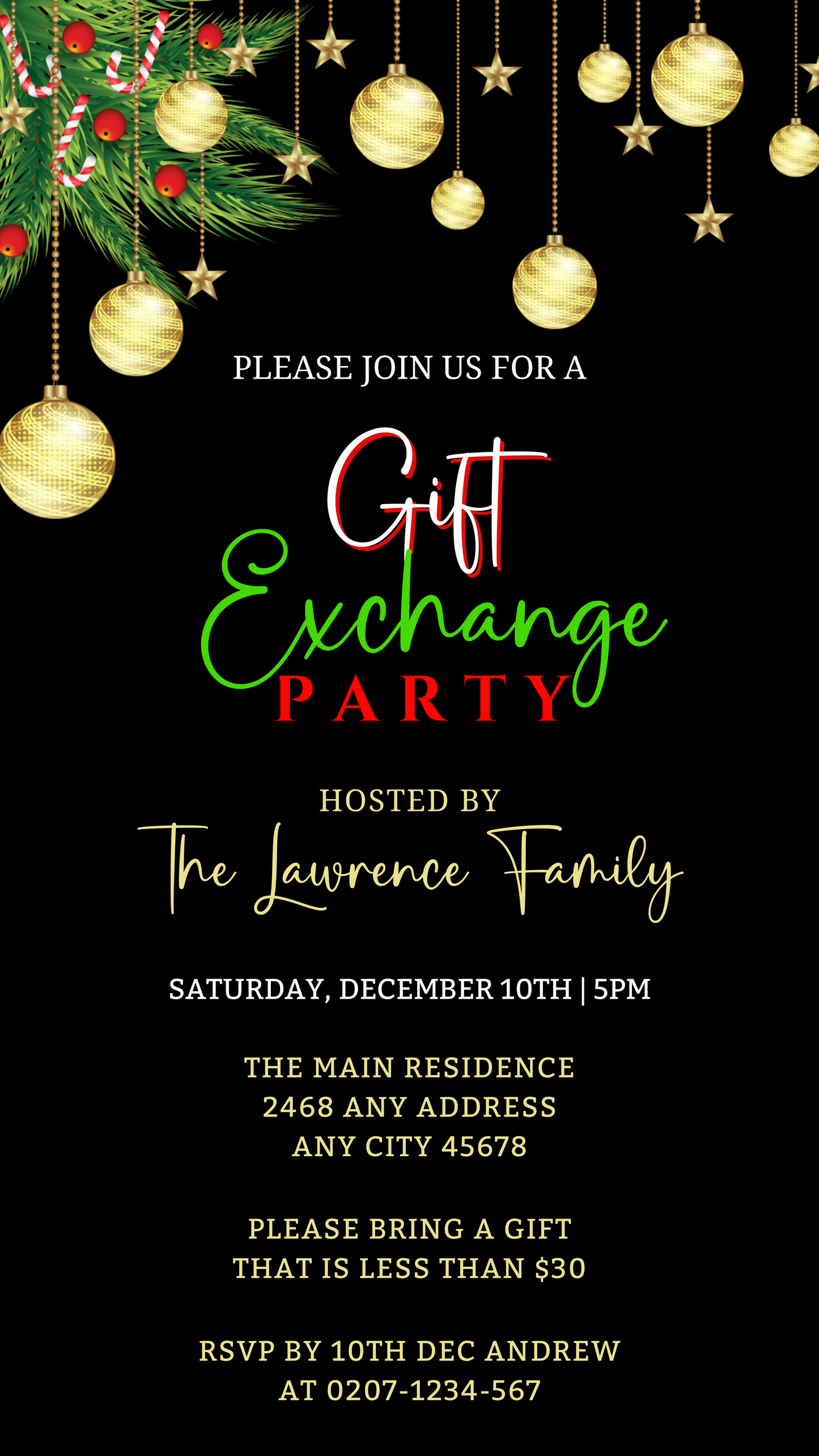 Gold Red Ornament Gift Exchange | Christmas Party Invitation with gold ornaments on a black background, customizable via Canva for smartphones.